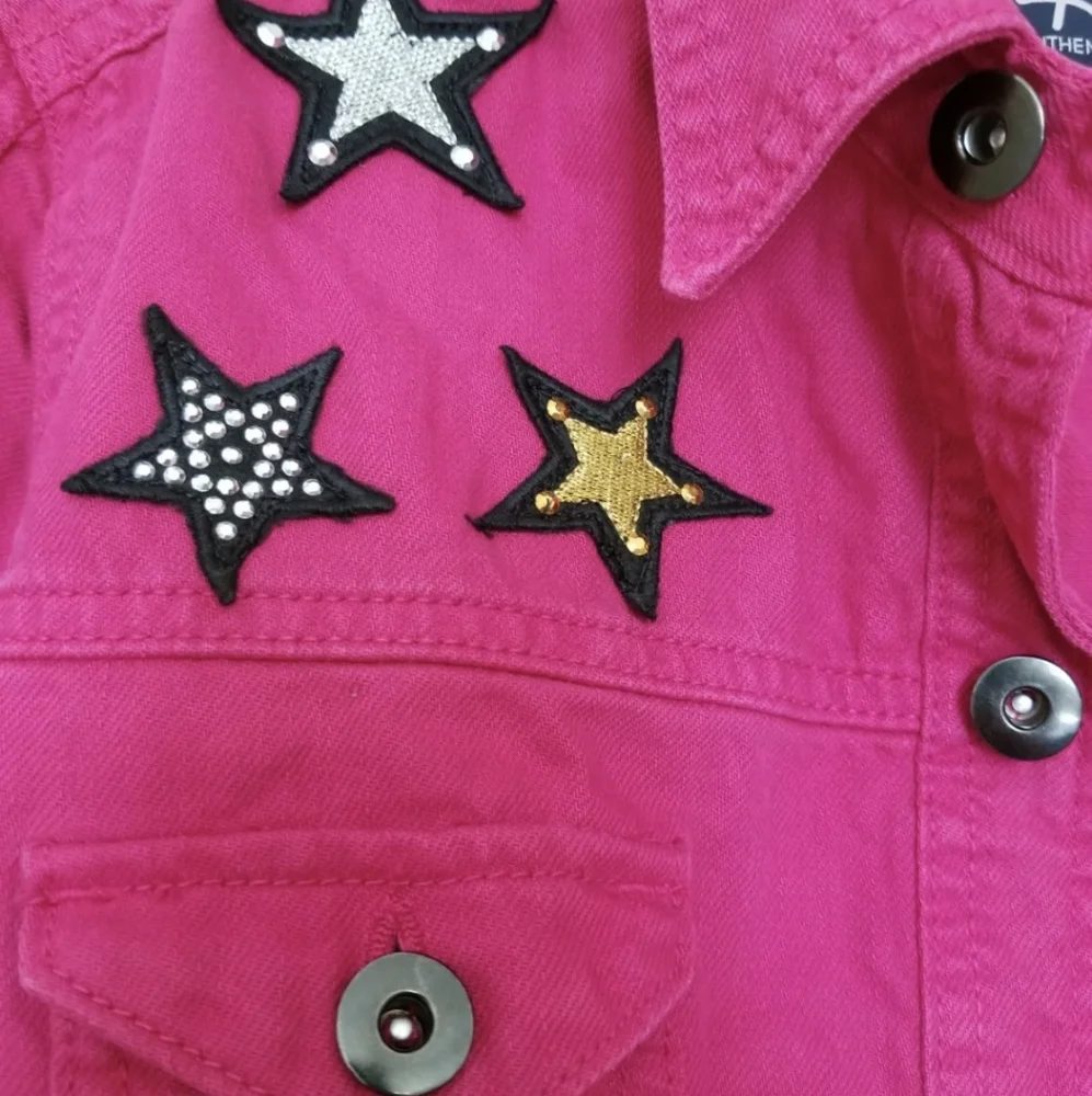 American Idol Star Hot Pink Black Gold White Fuschia Jean Denim Jacket Size L - Picture 2 of 5